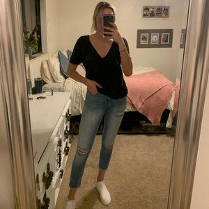 Deep V neck, black t shirt